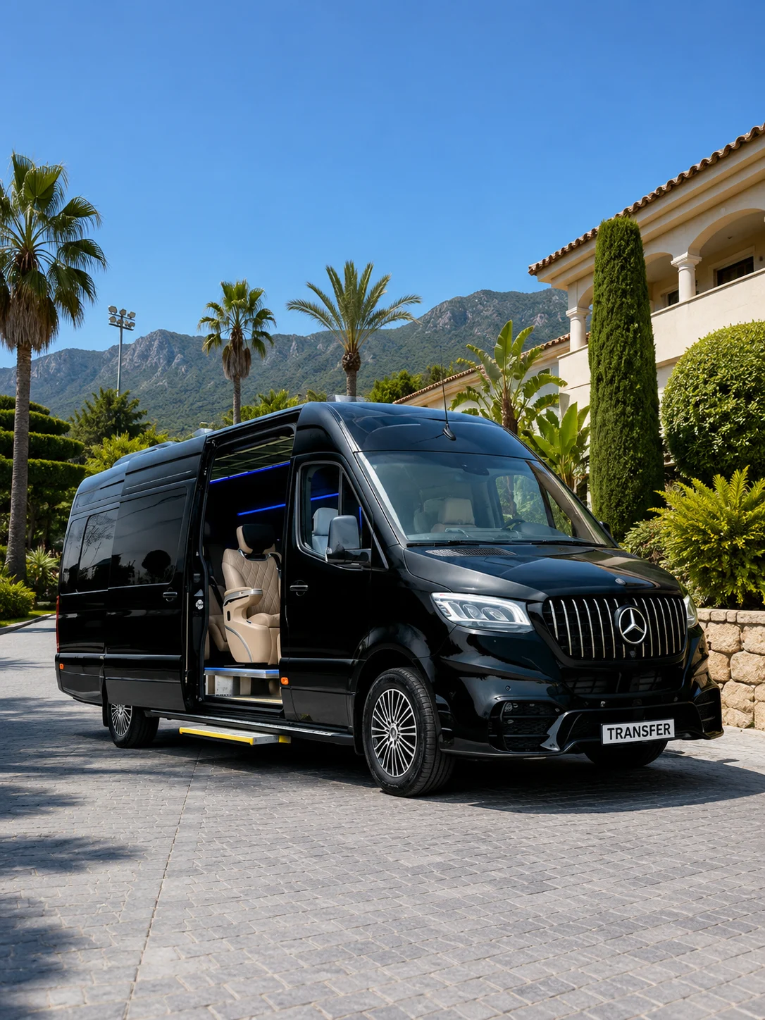 Chauffeured Mercedes people carrier prepared for a group transfer in Marbella